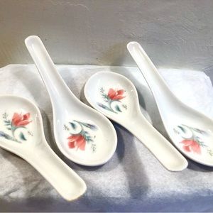6469 vintage Set of Four Porcelain Spoon Rests Floral Embellished. 2” x 5.5”.